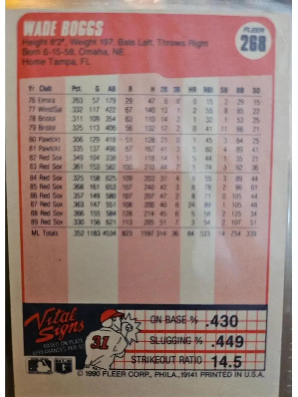 1990 Fleer #268 Wade Boggs Baseball Card